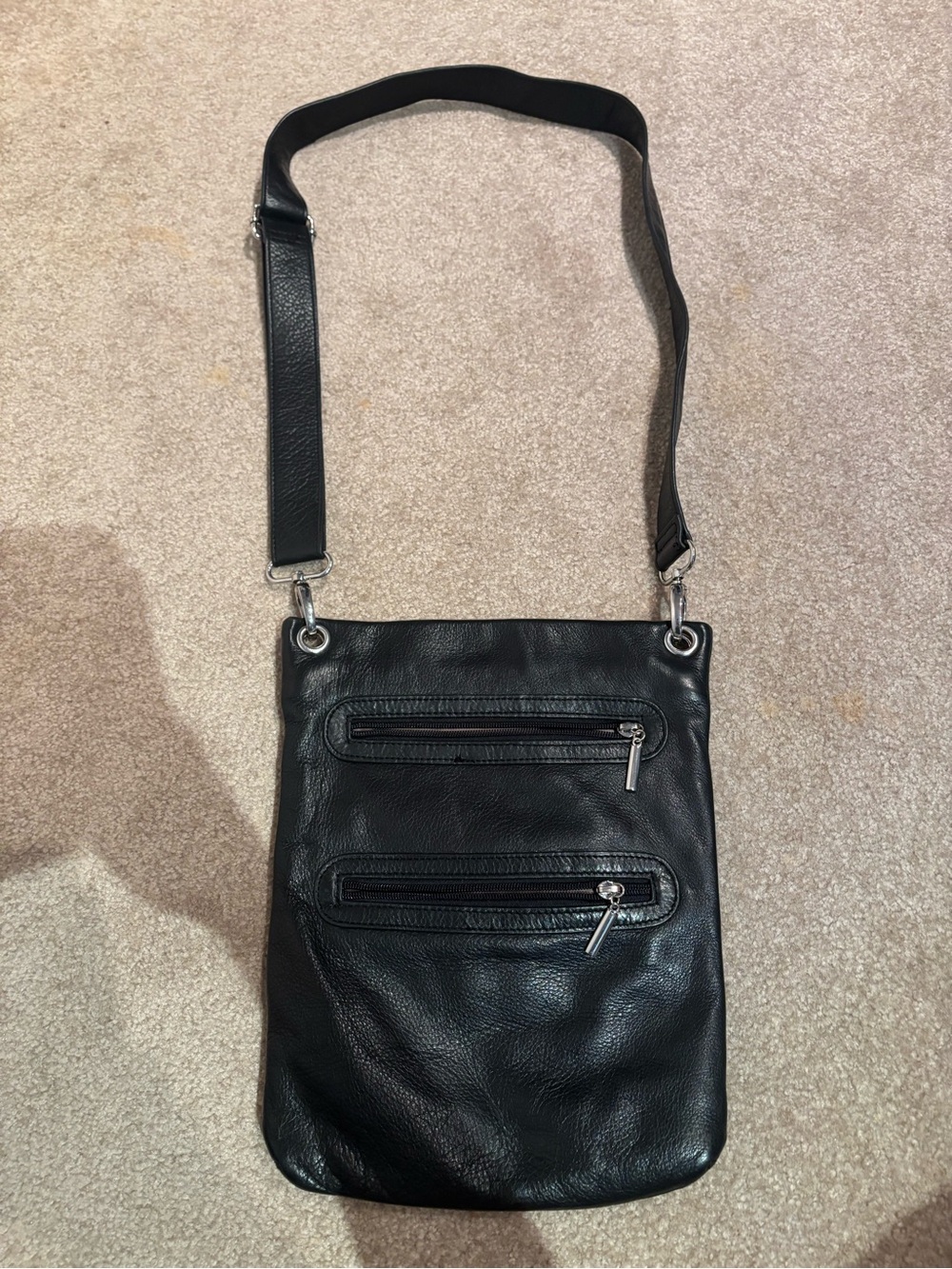 Margot Black Butter Leather Crossbody Purse with Adjustable Strap Zipper Accents